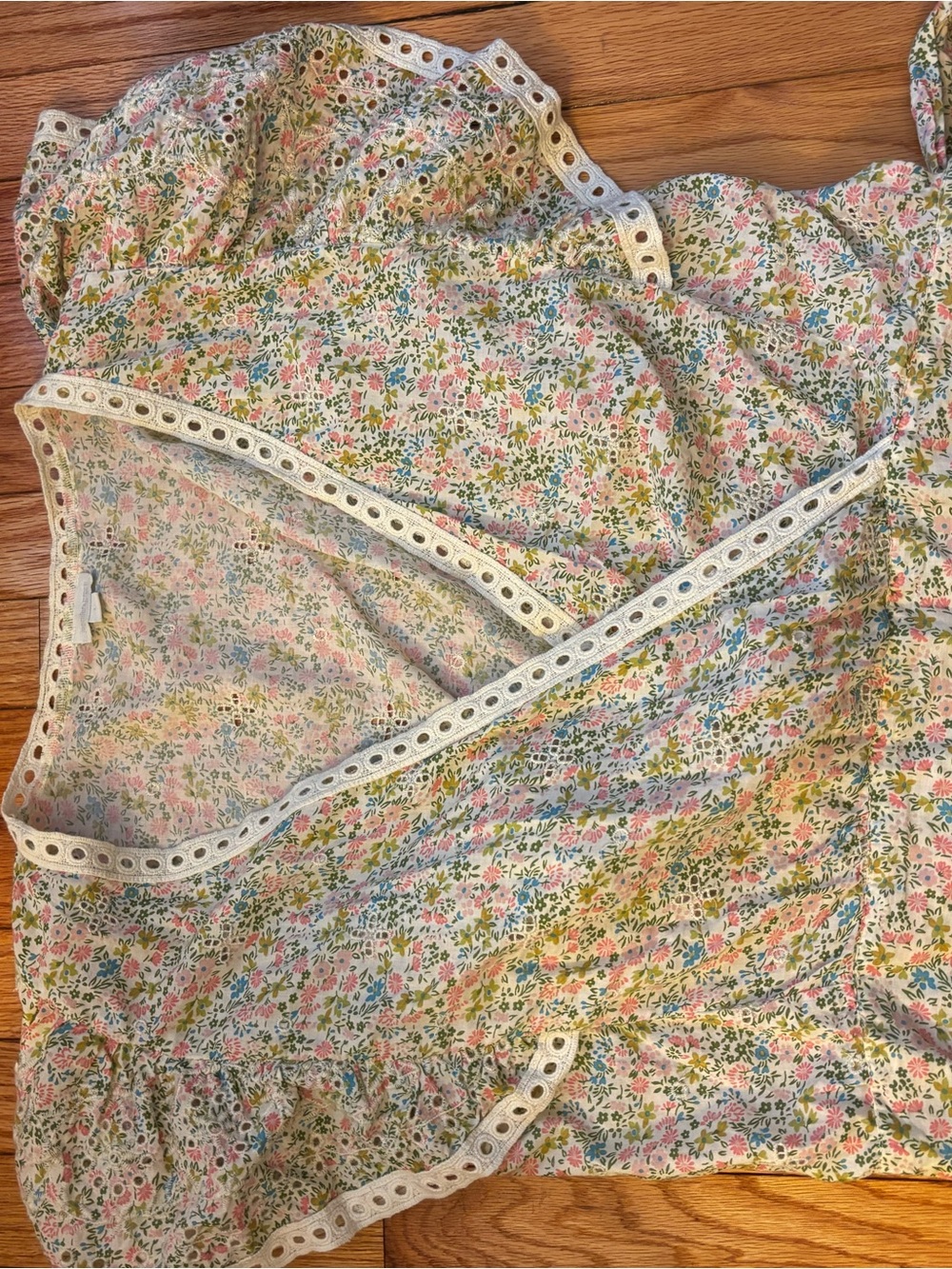 Floral Eyelet-Trim Blouse - Pink, Green & Blue